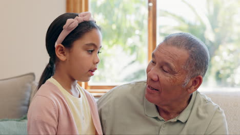 grandfather, kid and conversation on sofa in home