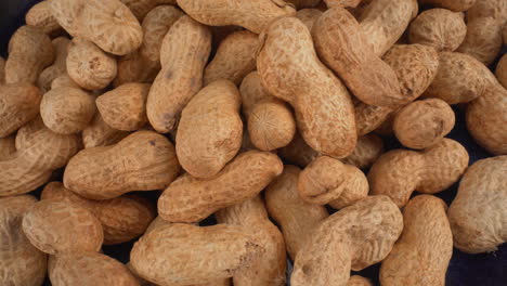 peanuts in shells on a blue plate macro moving, food product used in many recipes like chocolates, sauces and oils, known allergen, healthy nuts, peanut allergy, 4k top shot