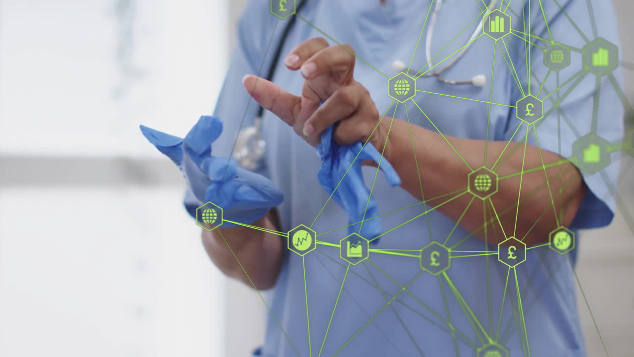 Animation of network of connections with icons over african american female doctor