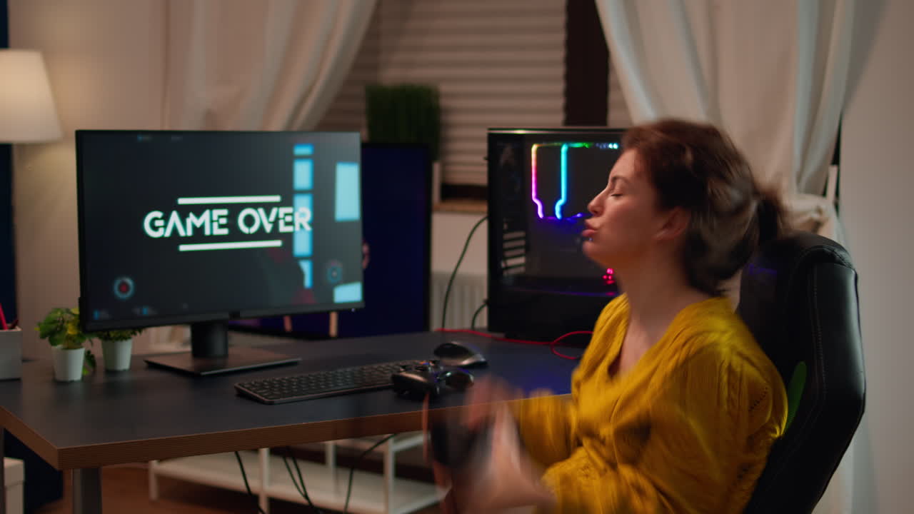 Gamer woman losing videogame tournament while playing with VR