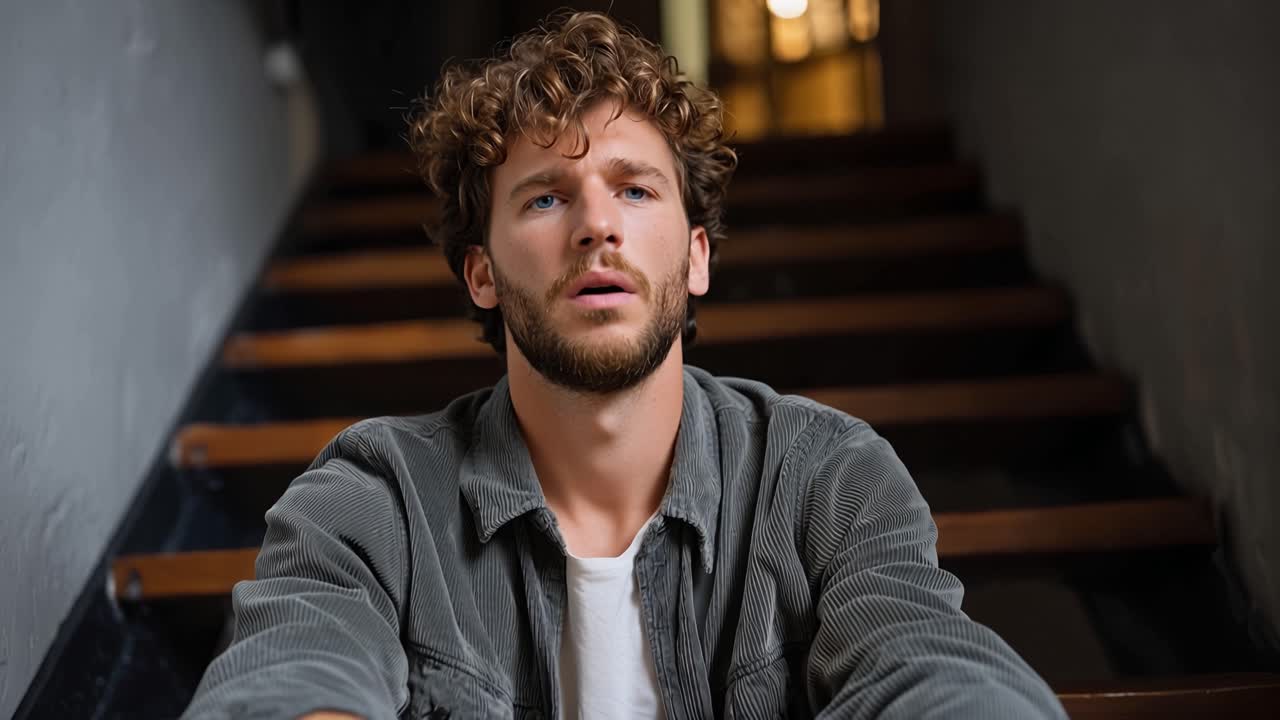 Un giovane siede sulle scale, la testa tra le mani. Sembra stressato, con lo sguardo basso e i capelli spettinati. Corridoio buio, gradini di legno, luce calda e soffusa dietro di lui. Emotivamente sopraffatto. Ottimo per scene di ansia.