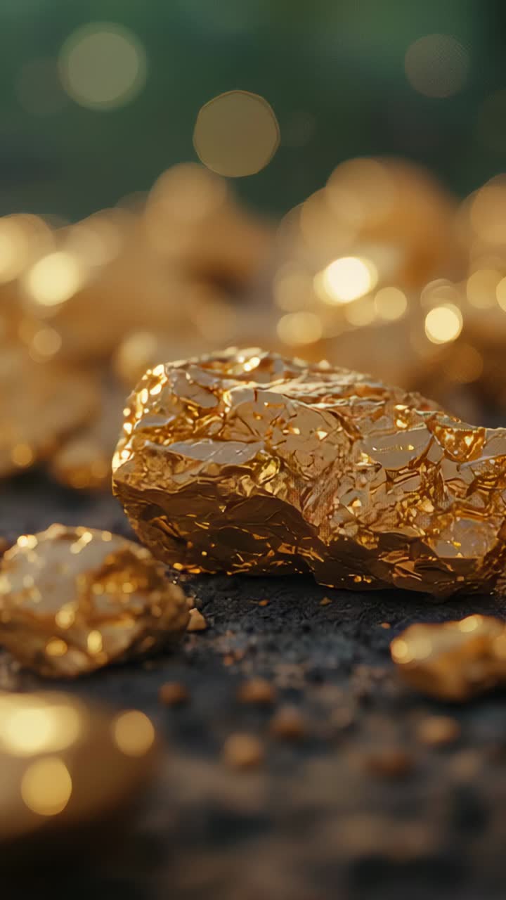 Video verticale: carrellata della fotocamera che mette a fuoco una pepita d'oro su terreno scuro, rivelandone le sfaccettature lucenti