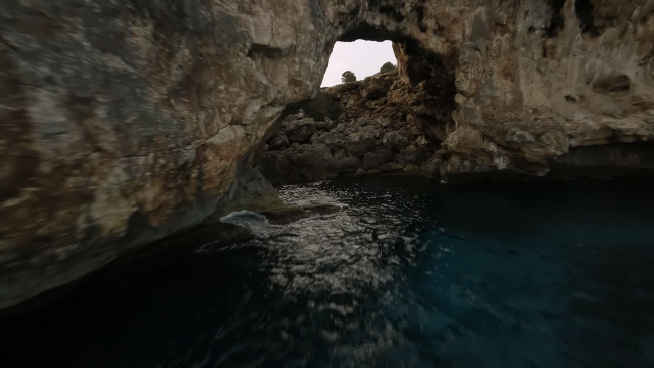 fpv drone disparó mientras volaba de un arco de roca natural a lo largo de la orilla del mar en cala varques, mallorca, españa durante la noche