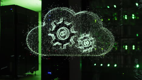 animation of cloud with cogs icons over server room