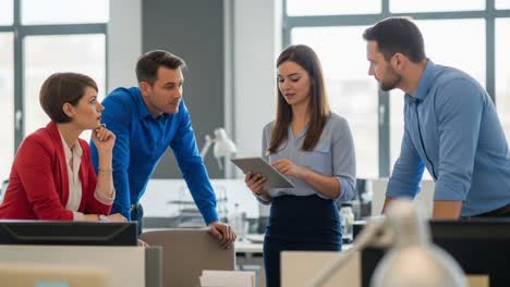 team collaboration in a modern office environment: engaged employees discuss strategies while reviewing information on a tablet in a bright workspace
