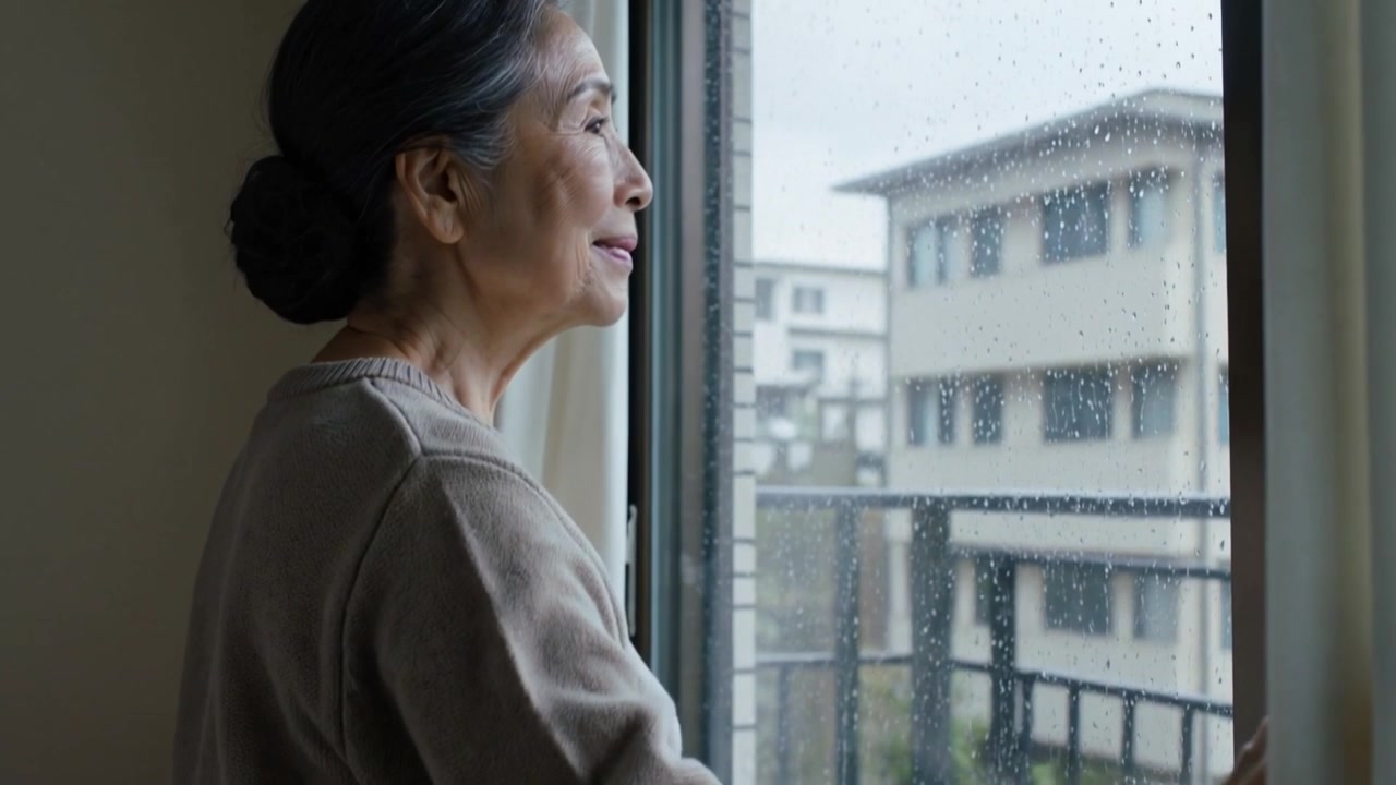 カーテンを分け、雨に促されてドアから覗き込むベージュのセーターを着た高齢の女性。コピースペース。