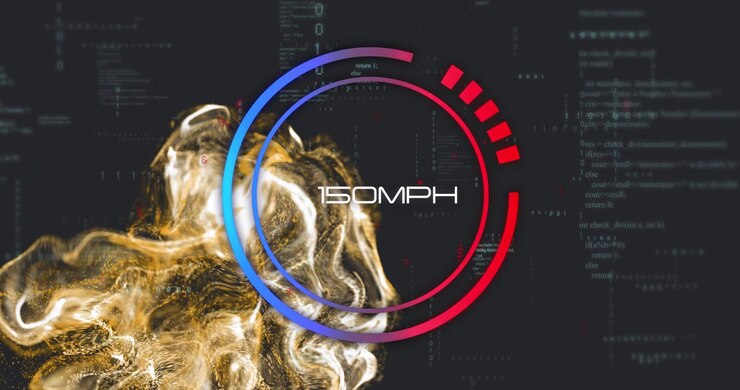 Speedometer animation showing 55 MPH over abstract background with flowing shapes and code