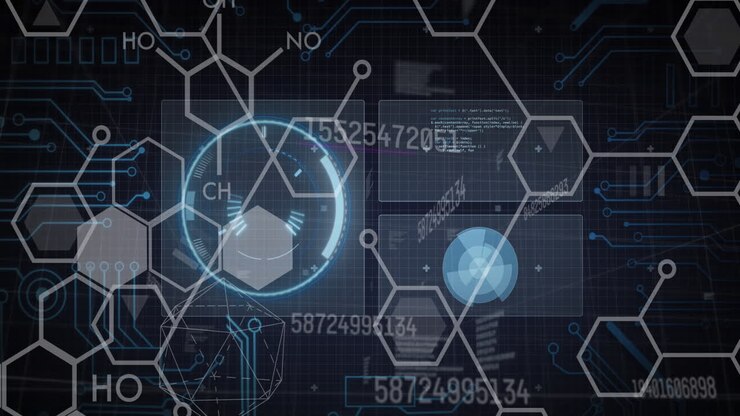 Animation of scientific data processing over black background