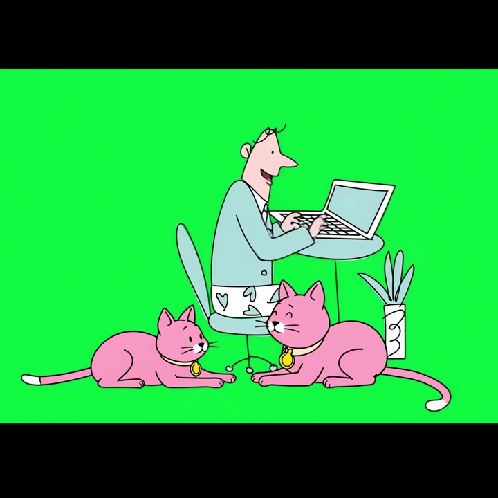 Animated Man Working on Laptop with Two Cats