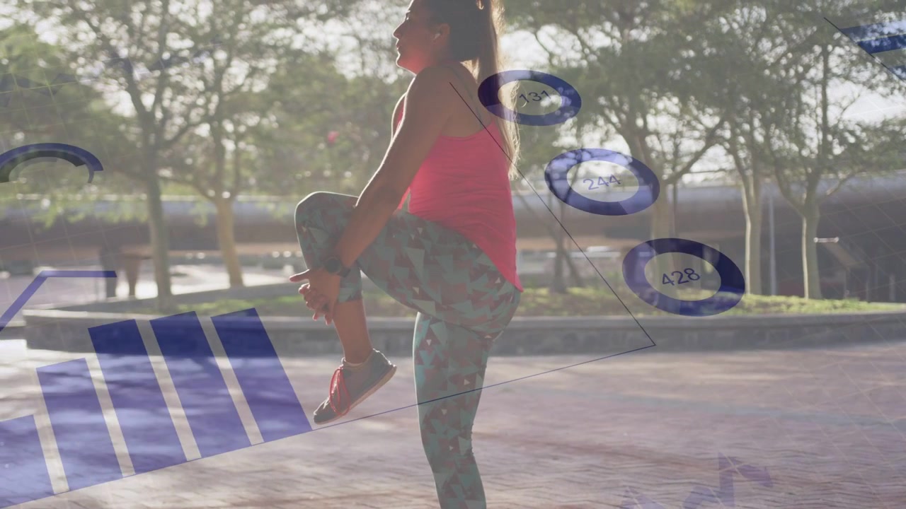 Fitness woman shifting weight lifting and hugging knee while blue charts sliding in growing overlay