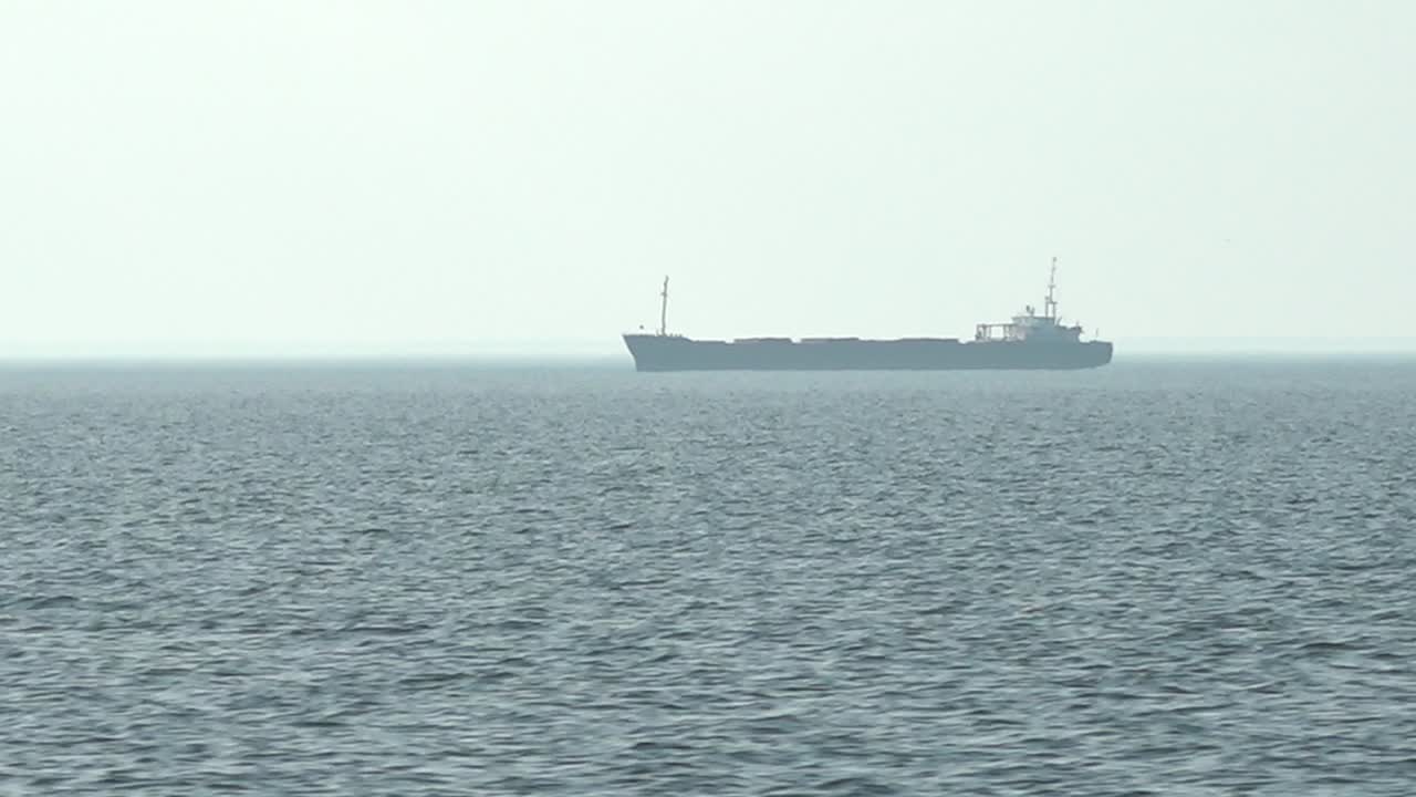 un carguero navega en una pequeña niebla en el horizonte del mar