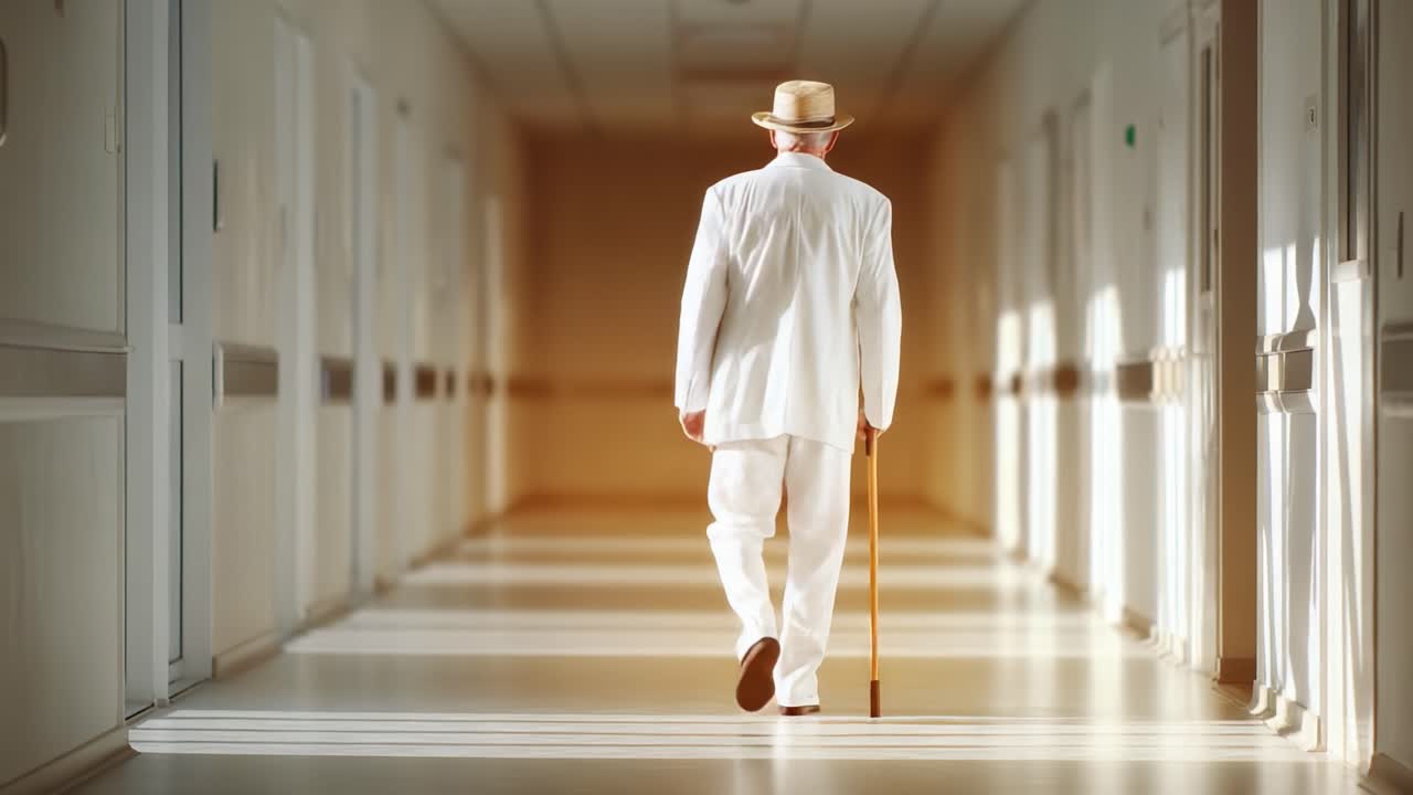 An elderly man dressed in a white suit and straw hat walks down a brightly lit corridor, carrying a cane, evoking a sense of nostalgia and reflective solitude