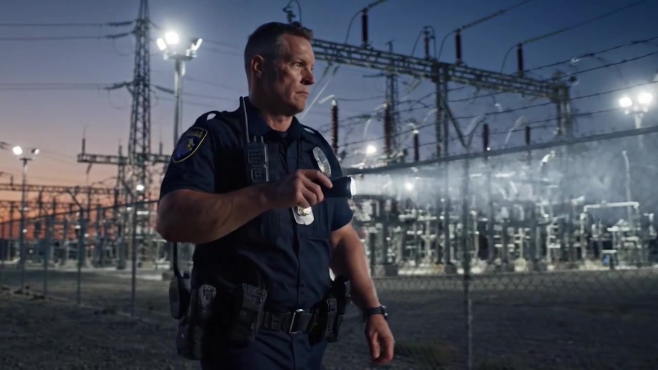 A vigilant officer investigates a secure electrical substation at dusk, utilizing a flashlight to ensure safety and monitor potential threats in a protective environment.