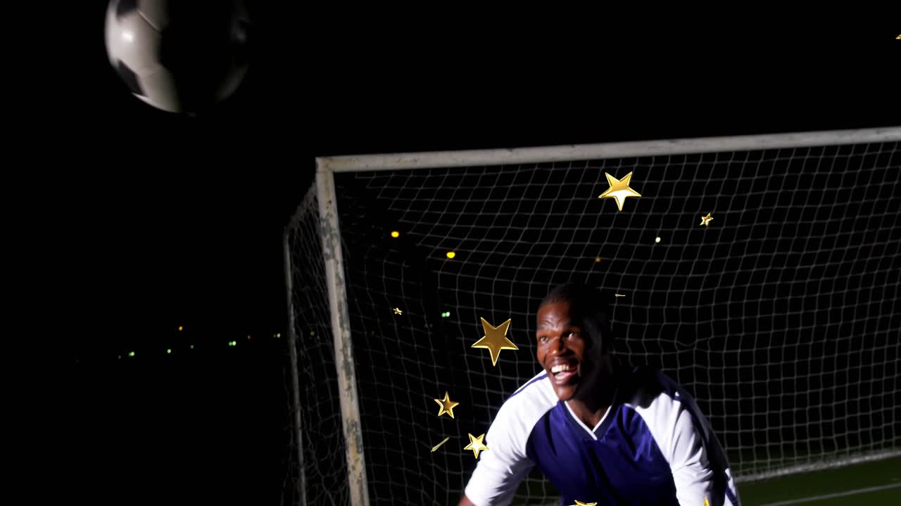 Portiere che si alza difendendo la porta, colpendo di testa un pallone da calcio all'ingresso in campo con stelle dorate fluttuanti