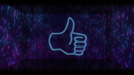 animation of social media thumbs up icon over blue background