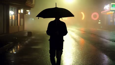 person walking in the rain at night with fog