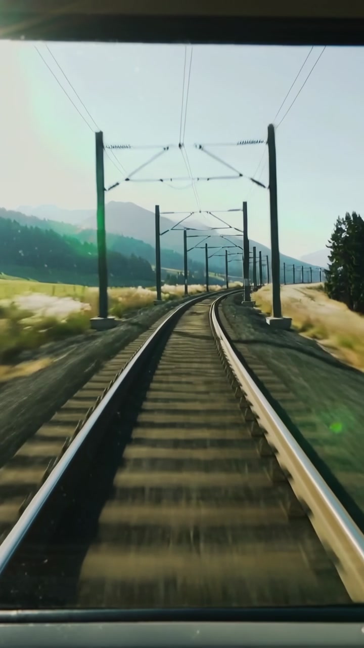 Vertical video: Advancing train showing front view of rails curving right past fields, with poles