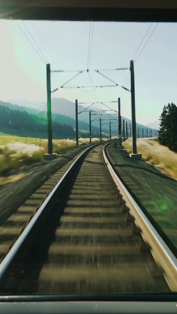 Vertical video: Advancing train showing front view of rails curving right past fields, with poles