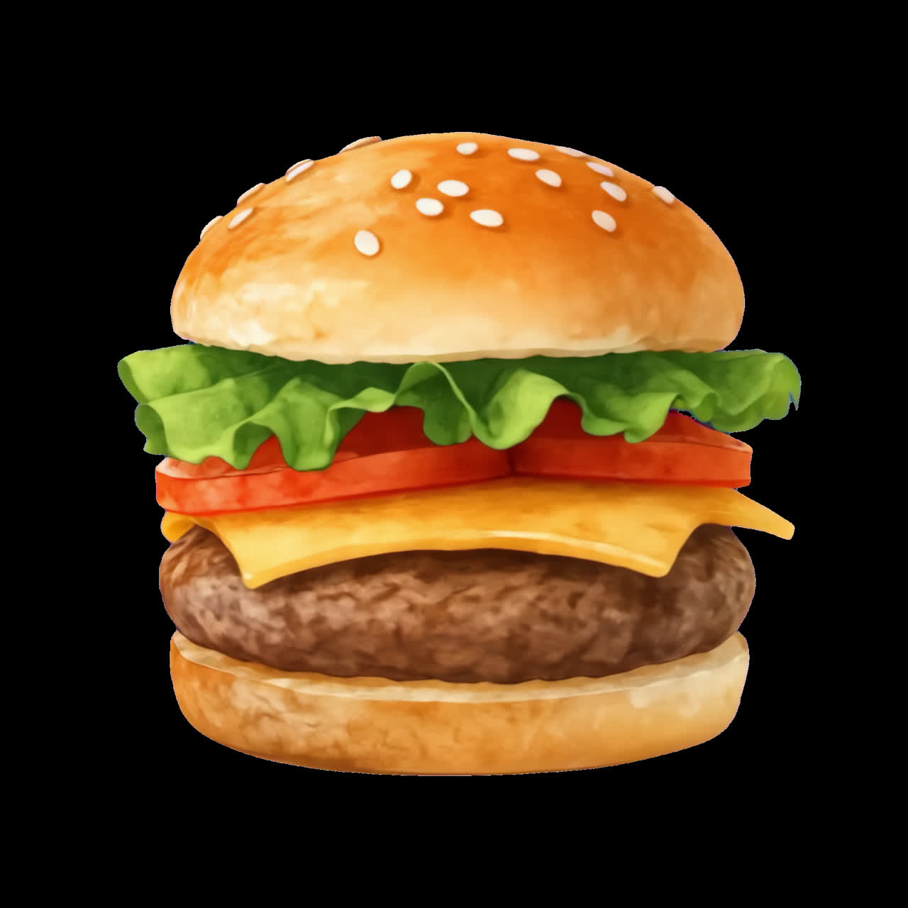 Delicious watercolor cheeseburger illustration animation isolated asset, transparent 4K video, alpha
