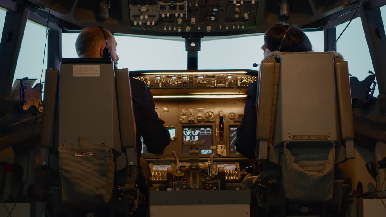 Plane captain and woman copilot fixing altitude on dashboard