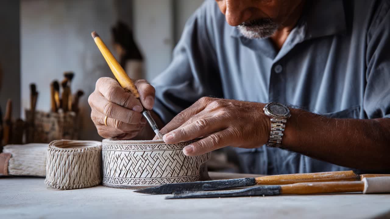 Artisan Craftsman Skillfully Carving Intricate Patterns on a Handcrafted Wooden Bowl with Precision and Care in a Dedicated Workshop Setting