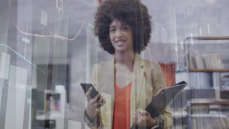 Animation-of-data-processing-over-happy-african-american-woman-using-smartphone-at-office