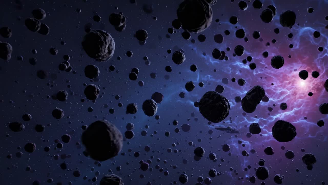 A mesmerizing video concept of asteroids floating in space, captured from a wide-angle perspective