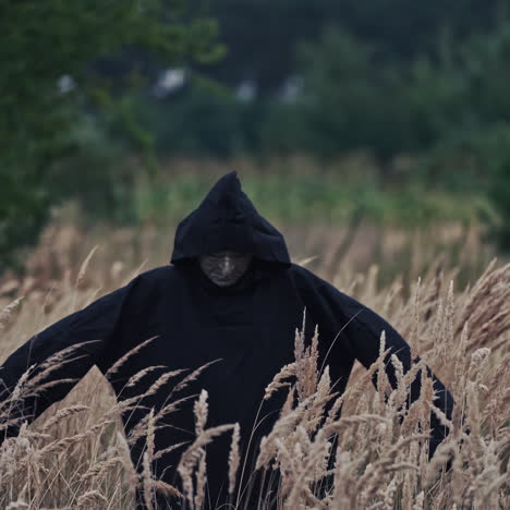 mystical devil in black mantle on field. portrait of a spooky figure with scary face in dark robe with hood on blur trees background outdoors.