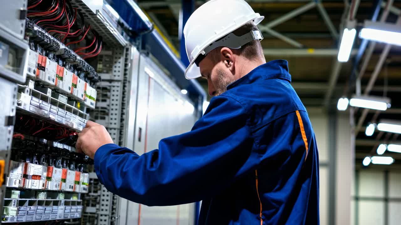 A worker in a hard hat inspects electrical panels. Side angle captures industrial setting. Video