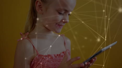 animation of network of connected circles over happy caucasian girl using smartphone