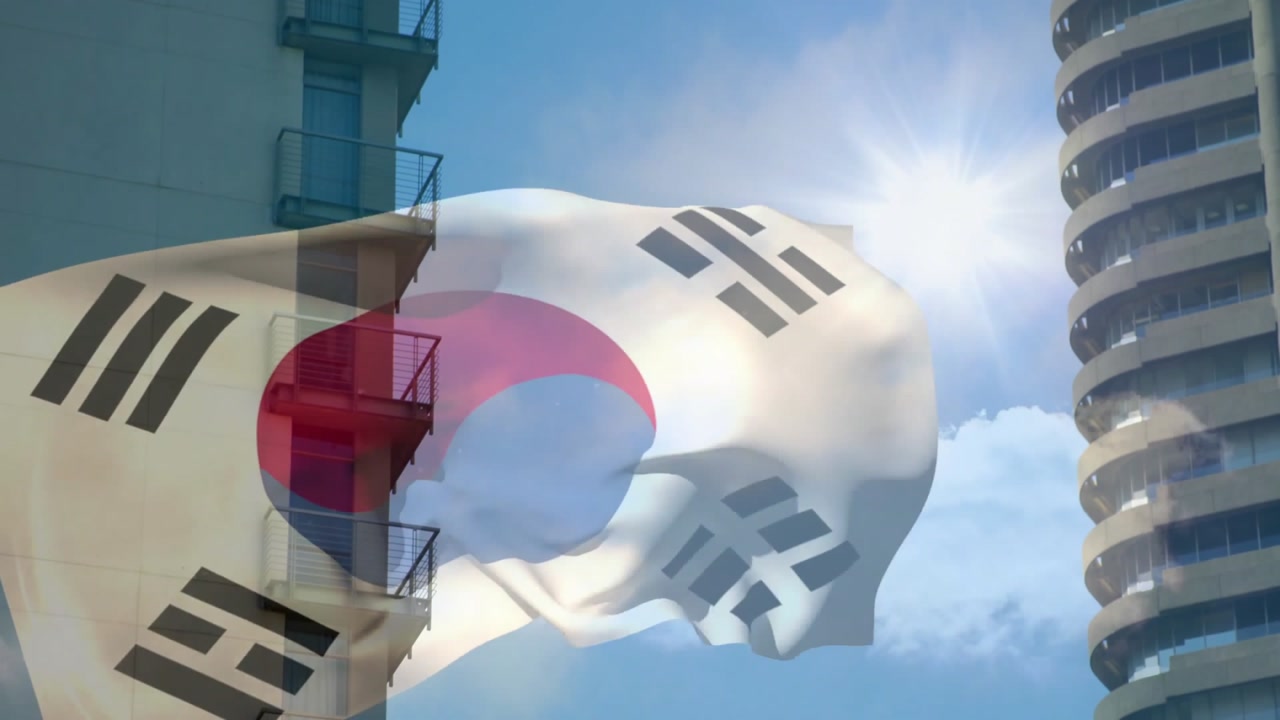 Animated illustration of South Korean flag waving across clear sky, overlaying modern urban skyline