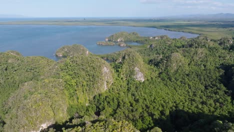 Slow-aerial-flight-over-idyllic-green-hills-and-Bay-of-Samana-in-background-during-sunlight