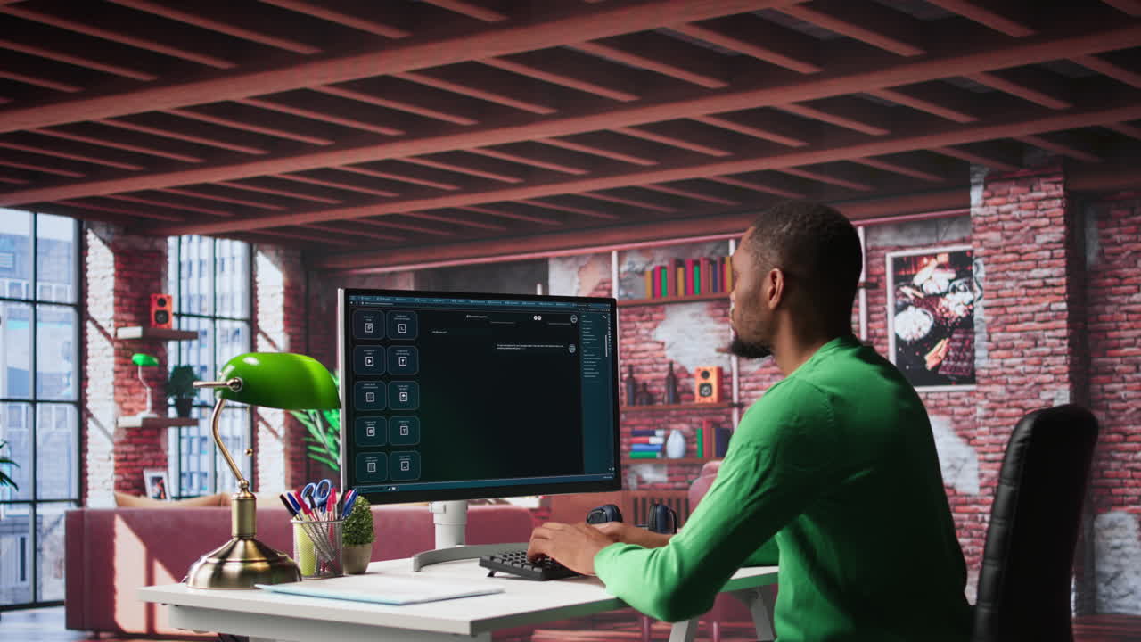 Vertical Video African american guy at home asks questions to AI chatbot virtual assistant