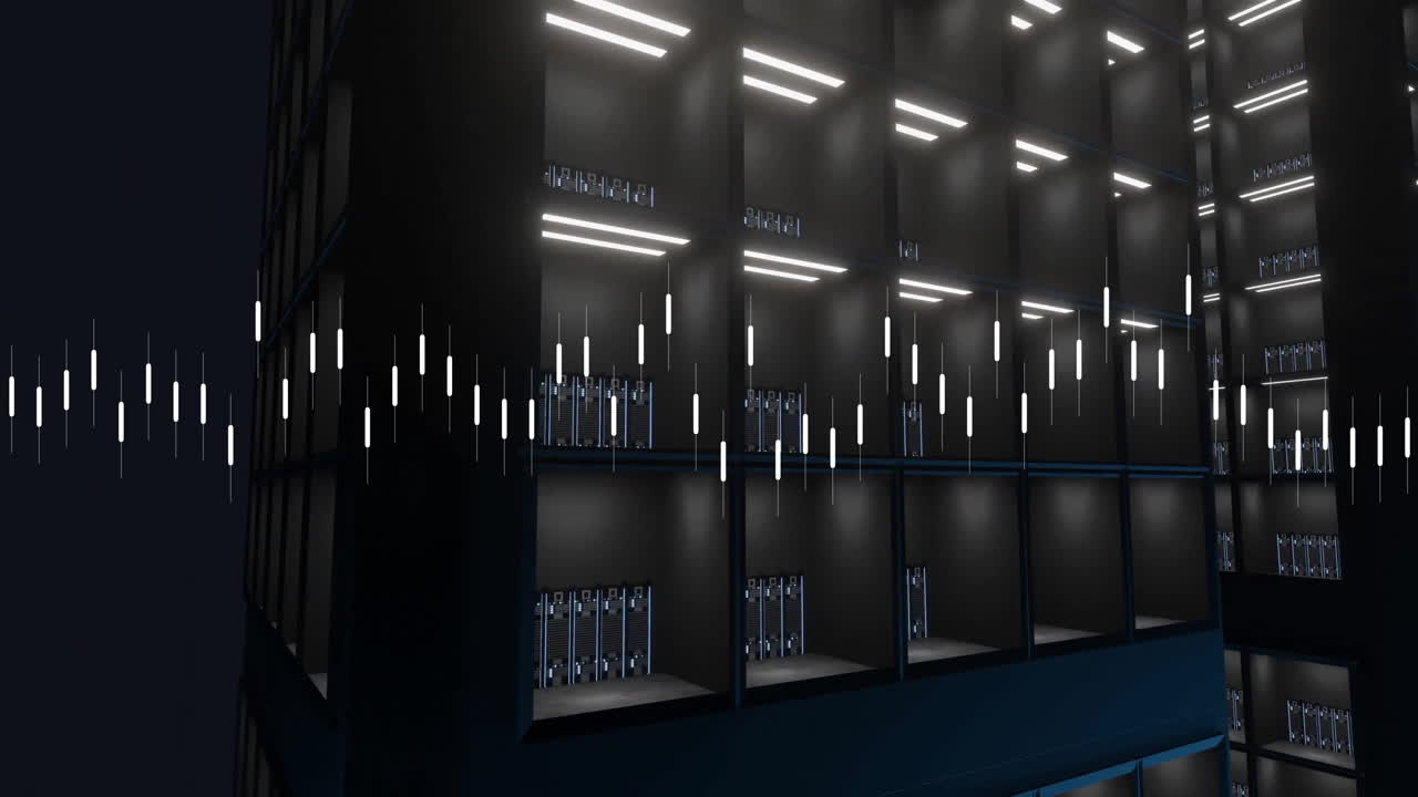 Sound wave animation over futuristic server racks in dark data center