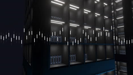animazione ad onde sonore su racks di server futuristici in un centro dati oscuro