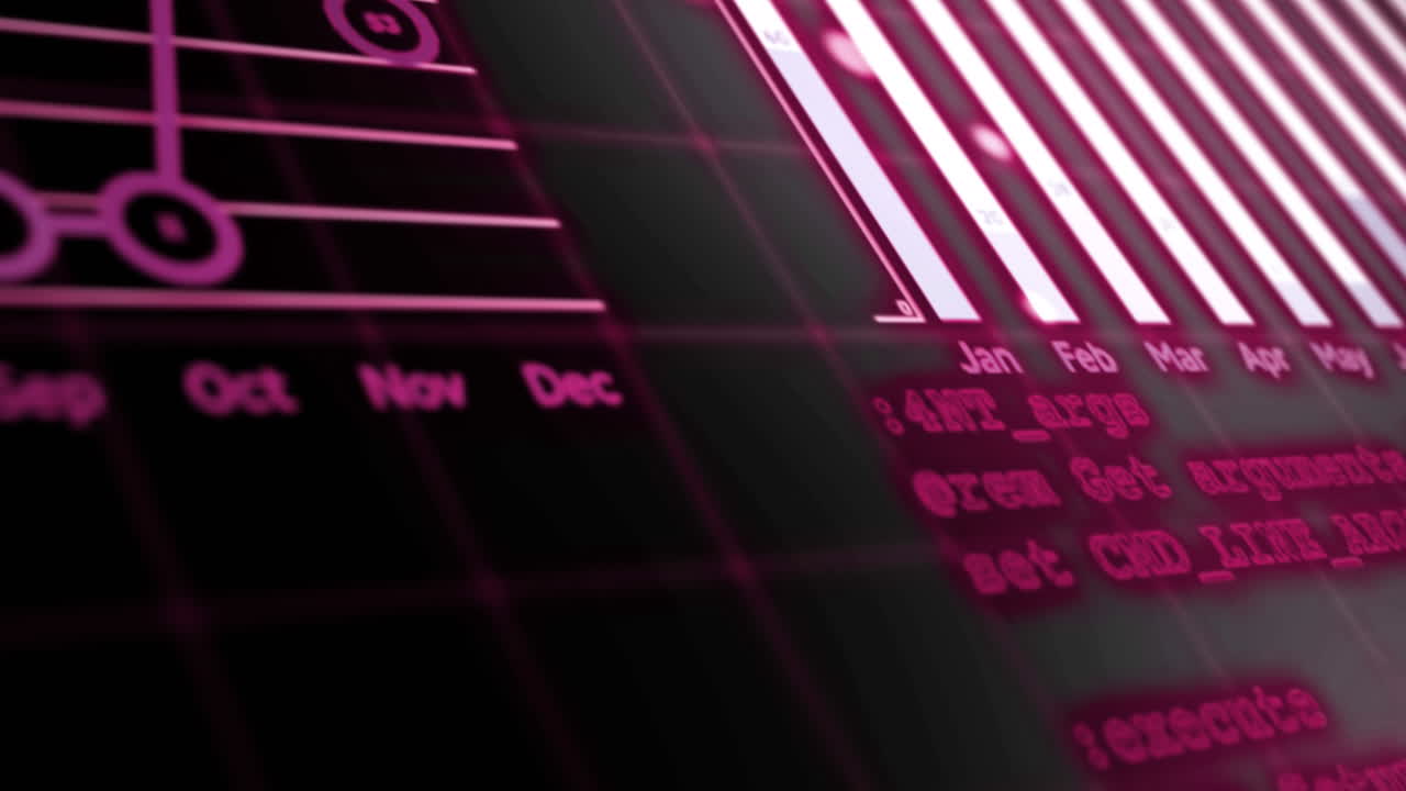 Animation von statistischer Datenverarbeitung über einem Gitternetz vor schwarzem Hintergrund