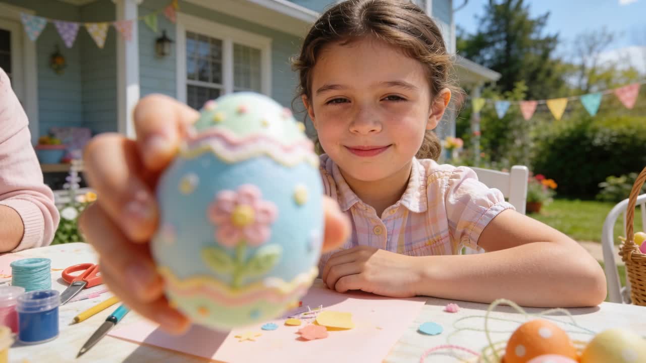 襟付きシャツの女の子が、手描きで飾られた卵を手に取り、陽当たりの良いパティオでカメラにデザインを見せている。