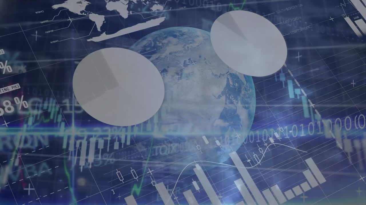 파란색 배경에 전 세계 금융 데이터 처리 애니메이션