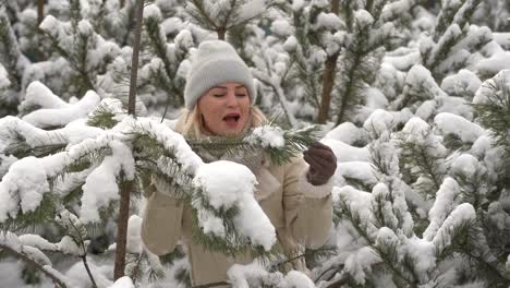 A-girl-in-white-clothes-stands-near-a-pine-tree-in-the-snow.