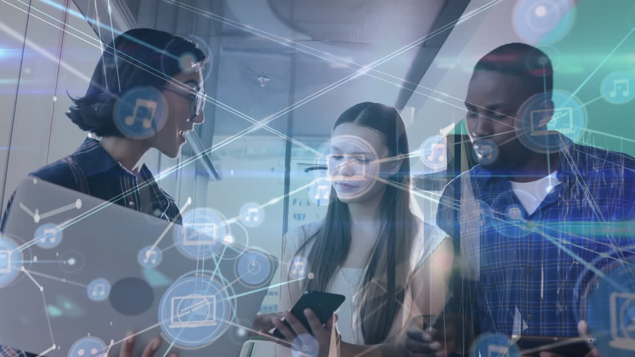 Animation of network with connections over diverse business people