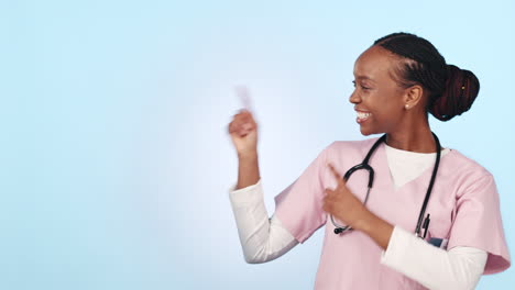 Happy-black-woman,-doctor-and-pointing