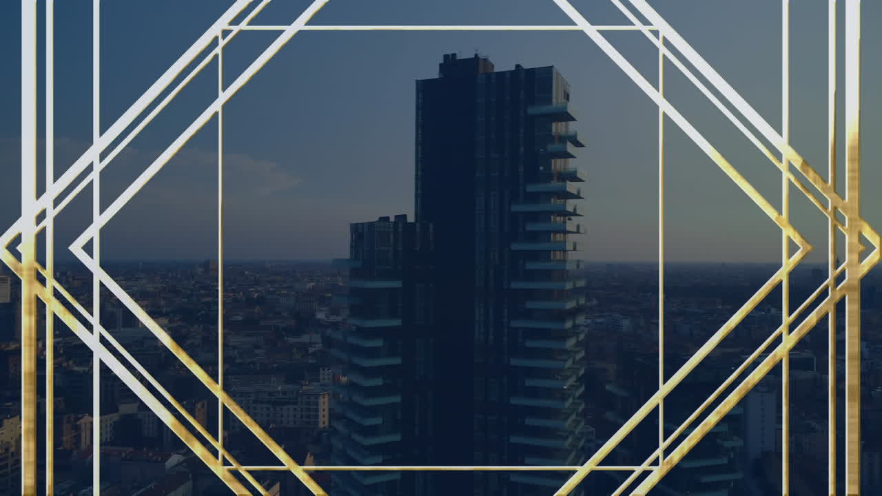 Animation of multicolored abstract pattern over aerial view of cityscape with frames