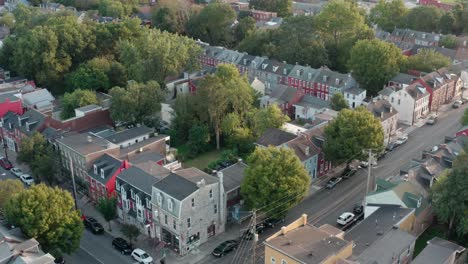 rising aerial of urban city town in usa