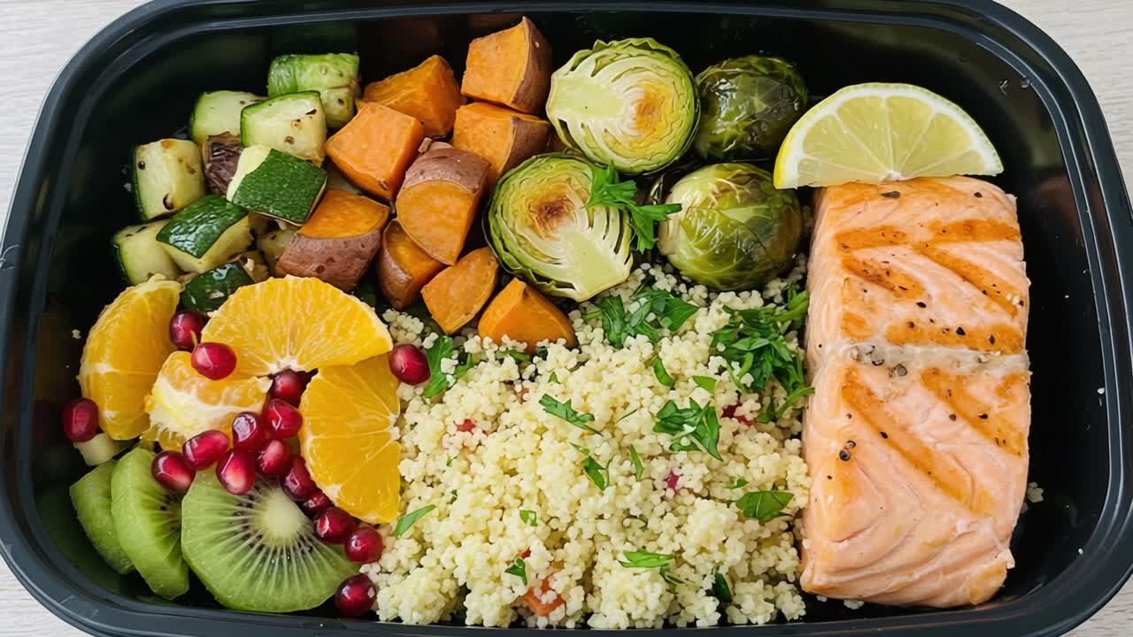 Colorful and Nutritious Salmon Bowl: A Healthy Meal Featuring Salmon, Couscous, Seasonal Vegetables, and Fresh Fruits for a Balanced Diet