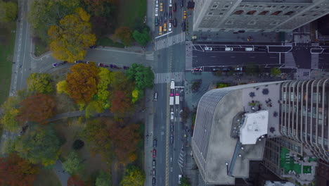 Aerial-birds-eye-overhead-top-down-view-of-cars-waiting-at-traffic-light-on-intersection.-Autumn-colour-trees-in-Central-park.-Manhattan,-New-York-City,-USA