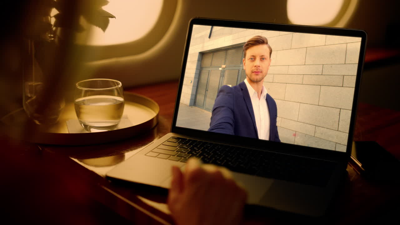 Unknown woman video meeting by laptop with man partner close up shoulder view