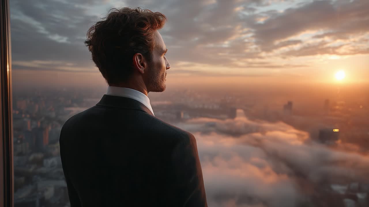 A contemplative man gazes out at a mesmerizing sunrise, reflecting on dreams and aspirations as the city awakens beneath a blanket of clouds