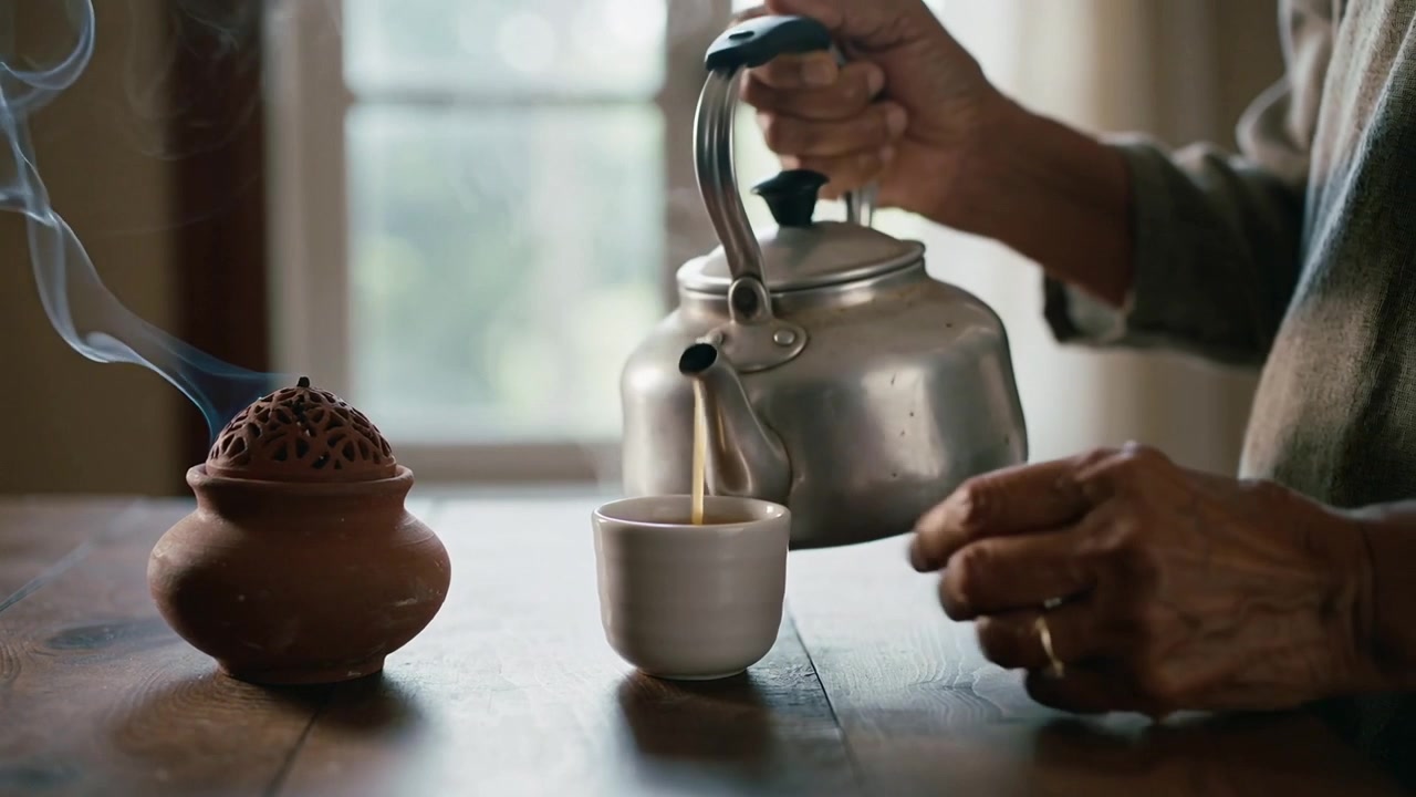 Lifting kettle, hands pouring tea into cup at home, cupping to warm hands with incense