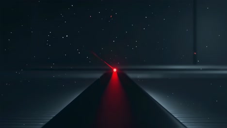 red laser beam emanating from the tip of a dark pyramid against a dark background with white particles resembling stars, creating a visually striking effect