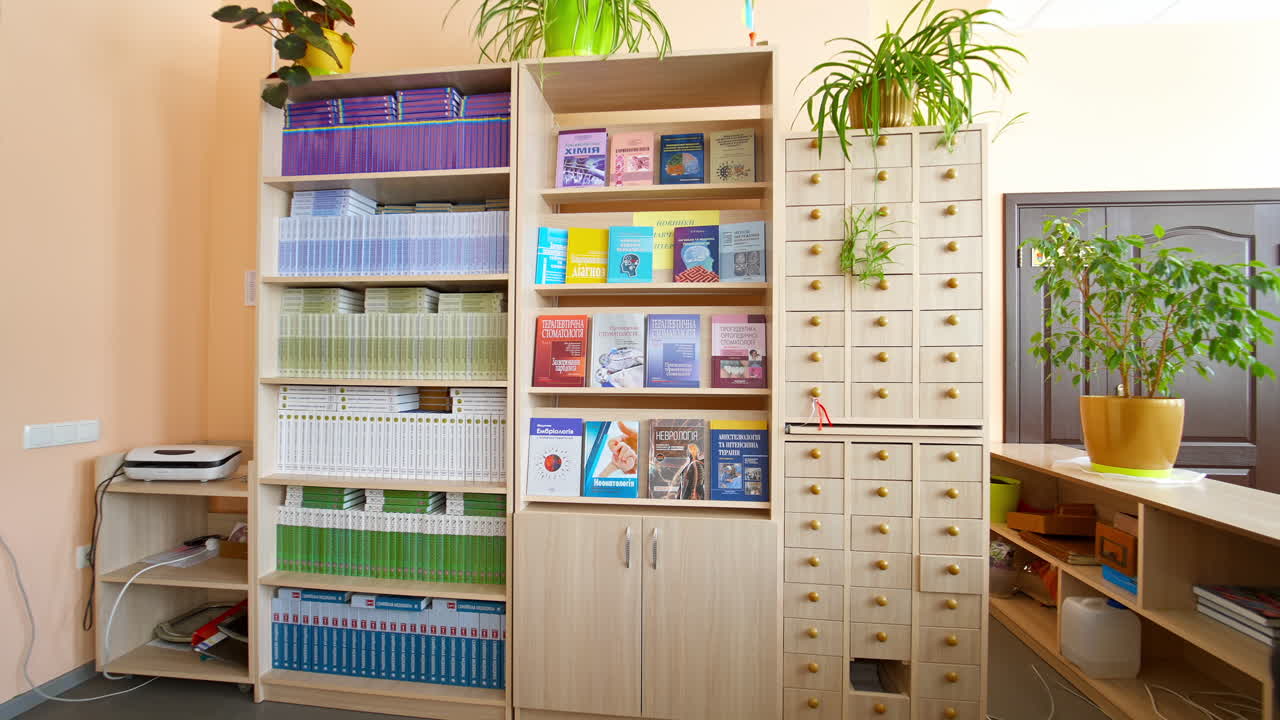 View of shelves with books. Library setting with books and reading material